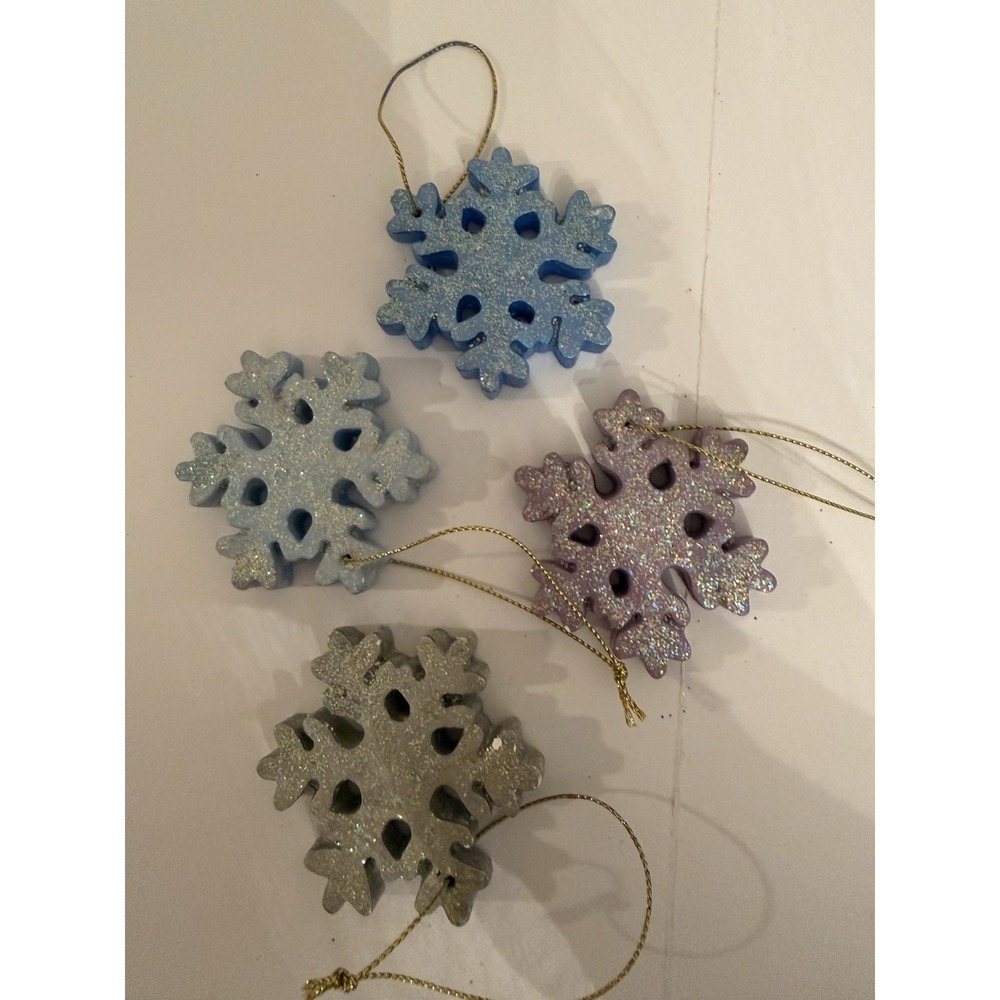 Handmade Ceramic Snowflake Christmas Ornaments Set of 4 Glitter Blue Purple Grey